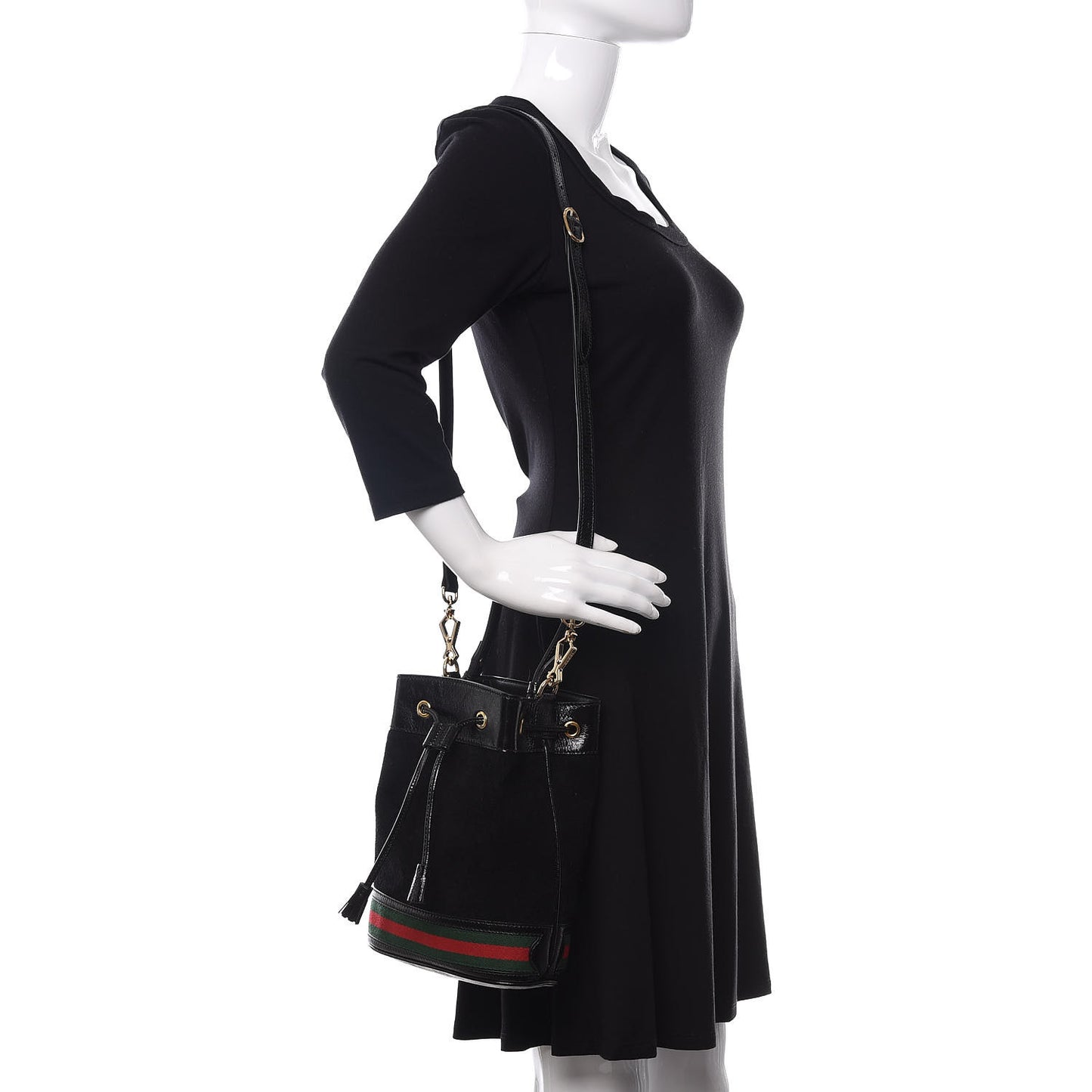 Suede Patent Web Small Ophidia Bucket Bag Black