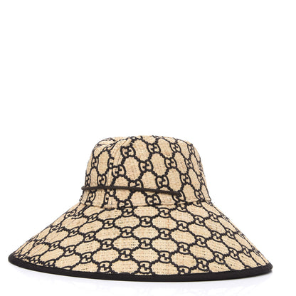 Gucci Raffia Elaphe GG Monogram Embroidered Wide Brim Hat Ivory Black 3 of 8