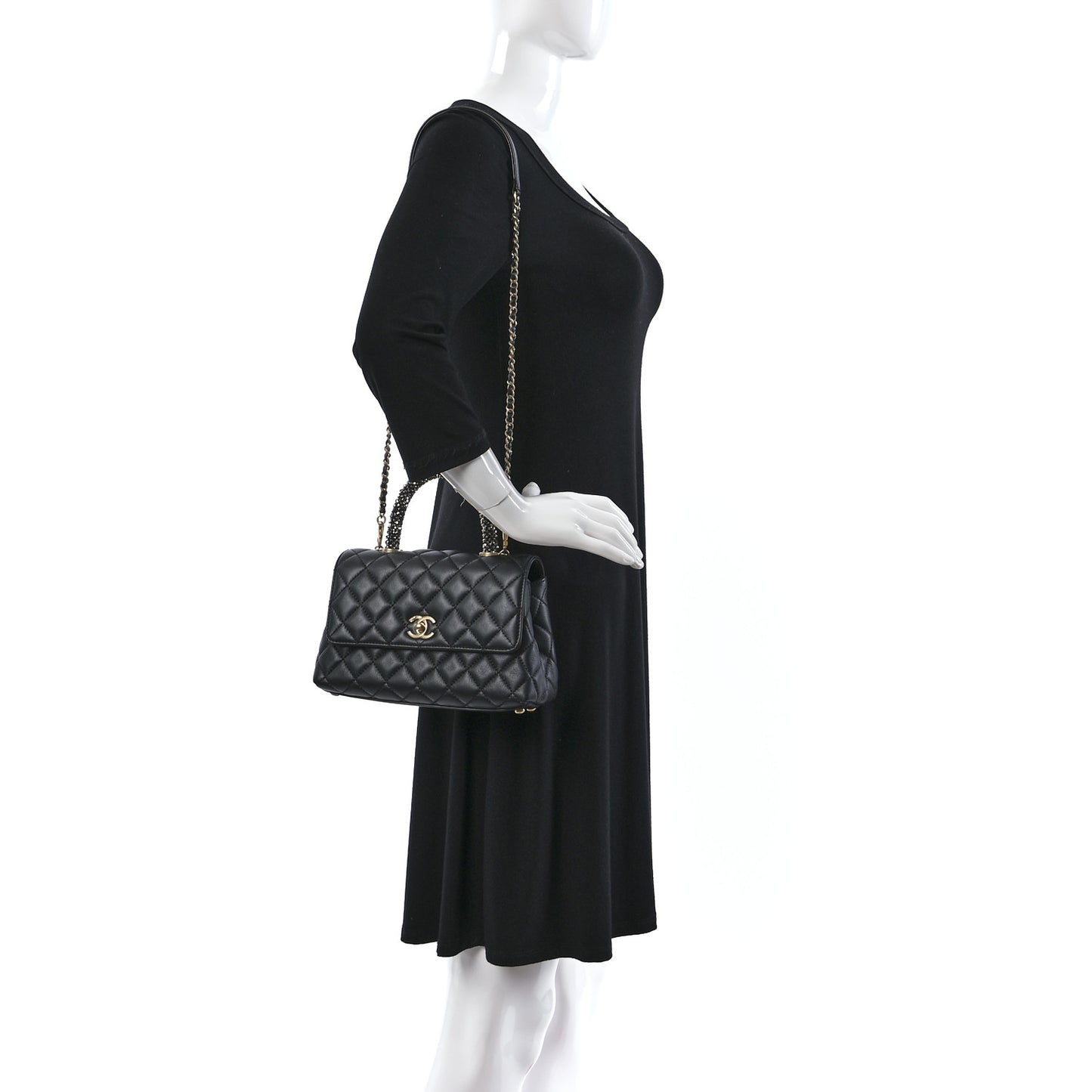 Calfskin Strass Quilted Mini Coco Handle Flap Dark Silver