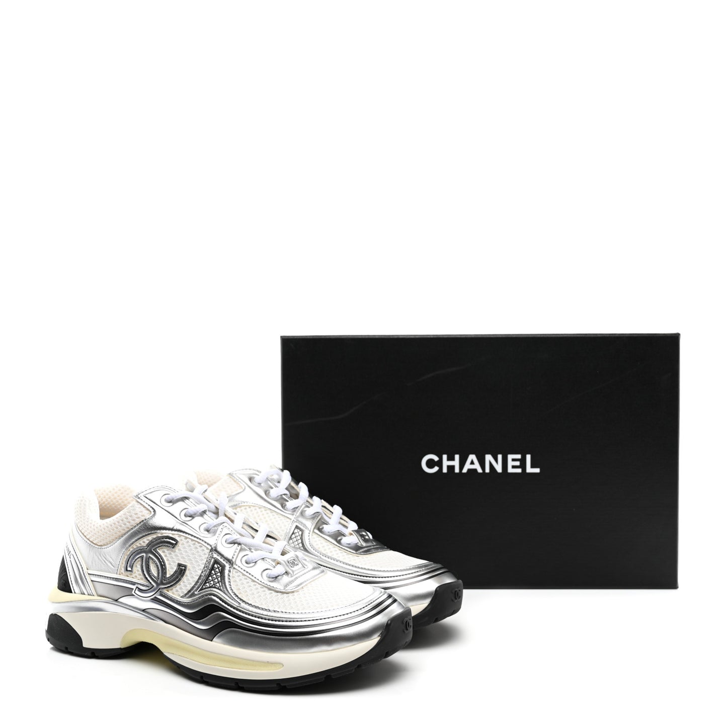 Fabric Laminated Calfskin Stretch CC Womens Sneakers 38.5 White Silver