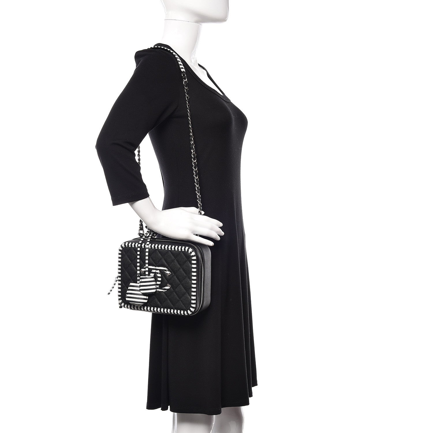 Chanel Caviar Quilted Striped Medium CC Filigree Vanity Case Black White 2 of 11