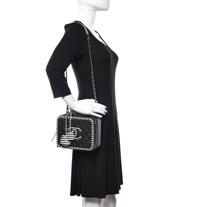 Chanel Caviar Quilted Striped Medium CC Filigree Vanity Case Black White 2 of 11