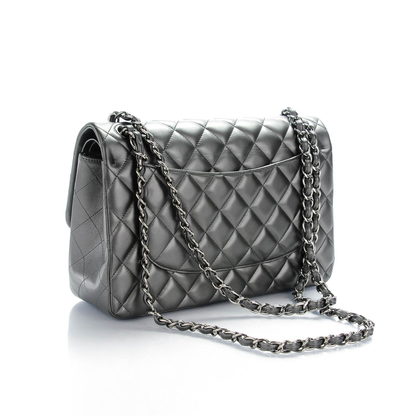Metallic Lambskin Quilted Jumbo Double Flap Charcoal Grey
