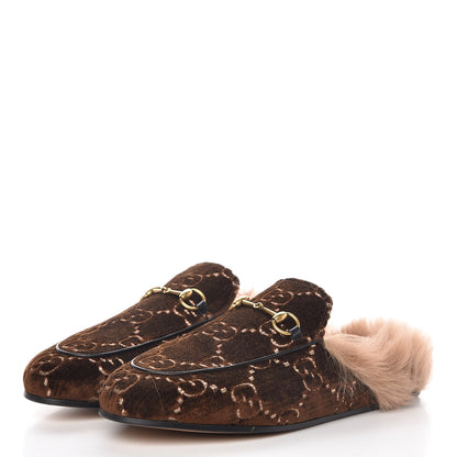 Gucci Velvet GG Monogram Fur Womens Princetown Slippers 39.5 Brown Black Natural 3 of 8