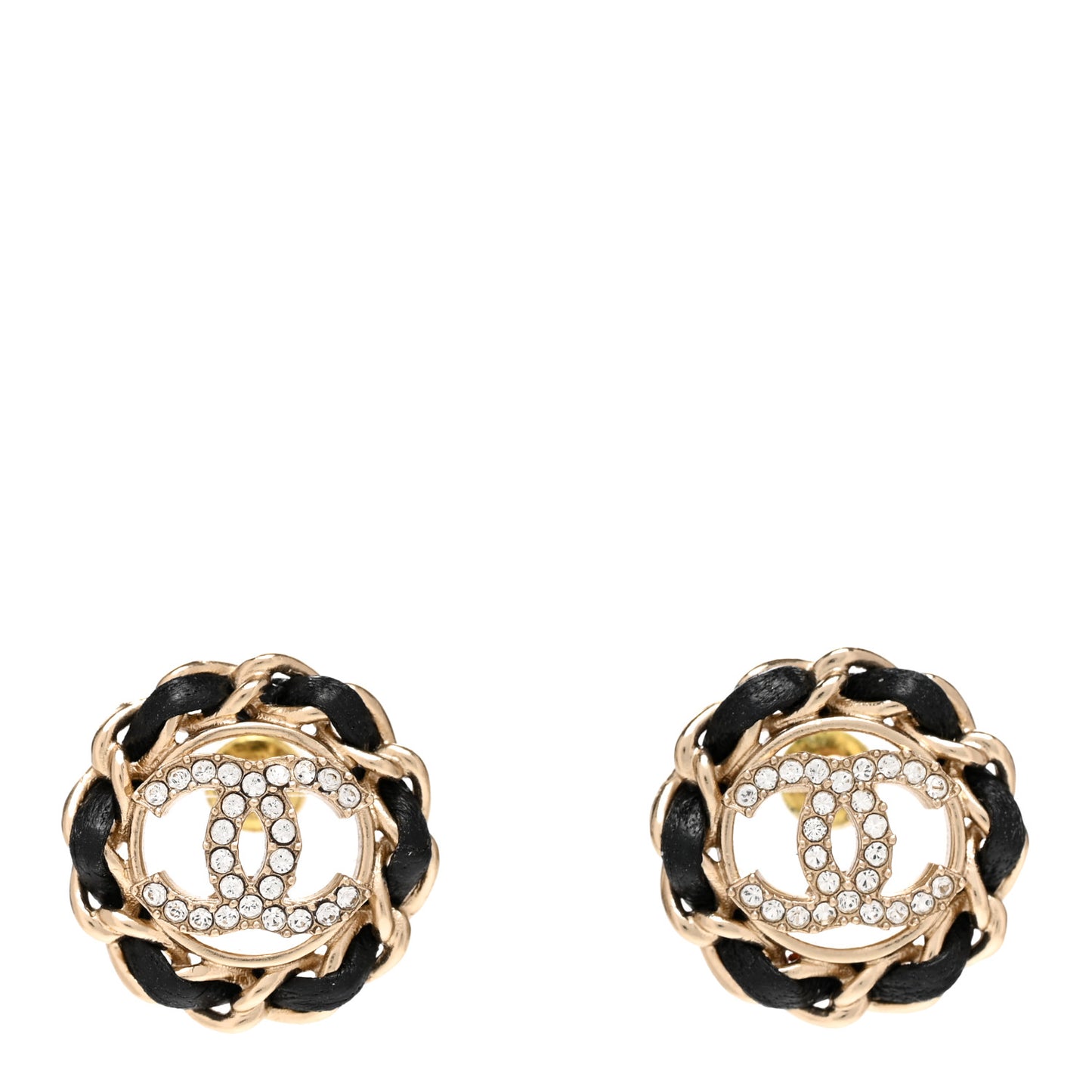 Crystal Lambskin Chain CC Stud Earrings Black Gold