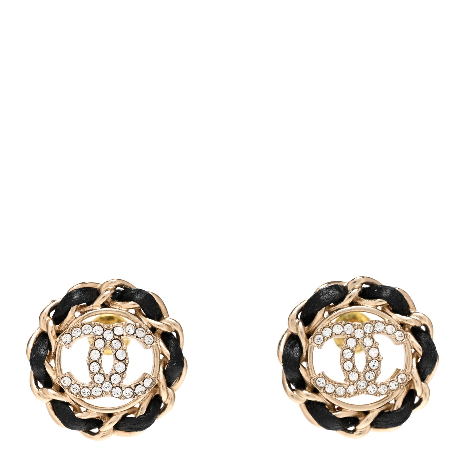 Chanel Crystal Lambskin Chain CC Stud Earrings Black Gold 1 of 5