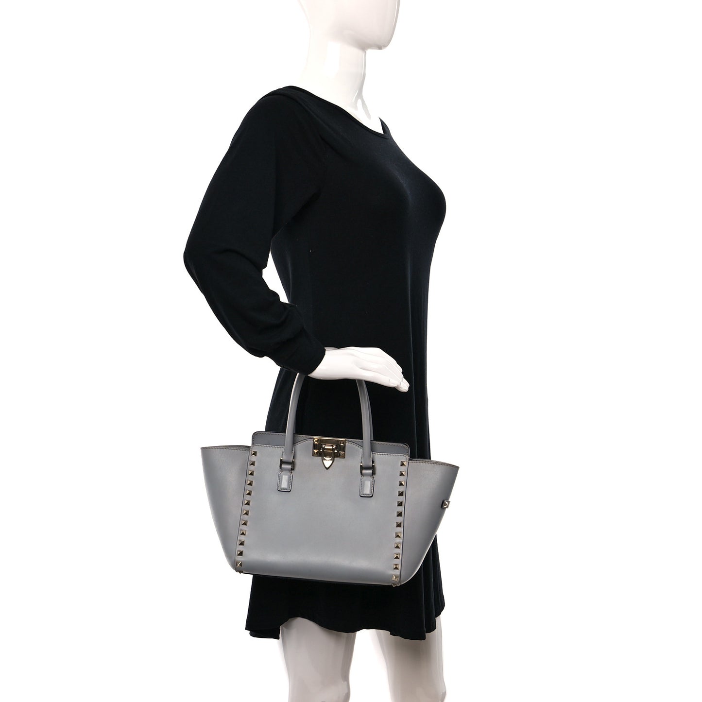 Vitello Small Rockstud Double Handle Tote Grey
