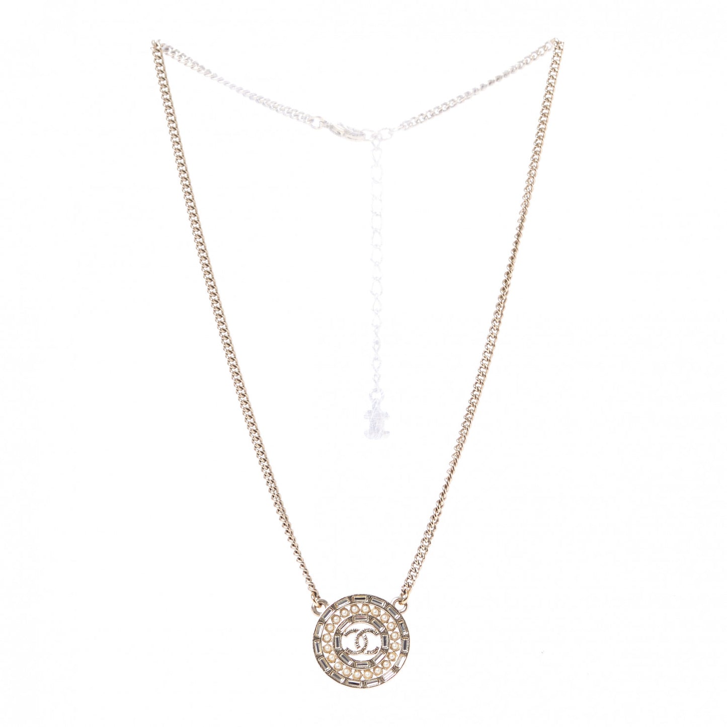 Pearl Baguette Crystal CC Medallion Necklace Gold