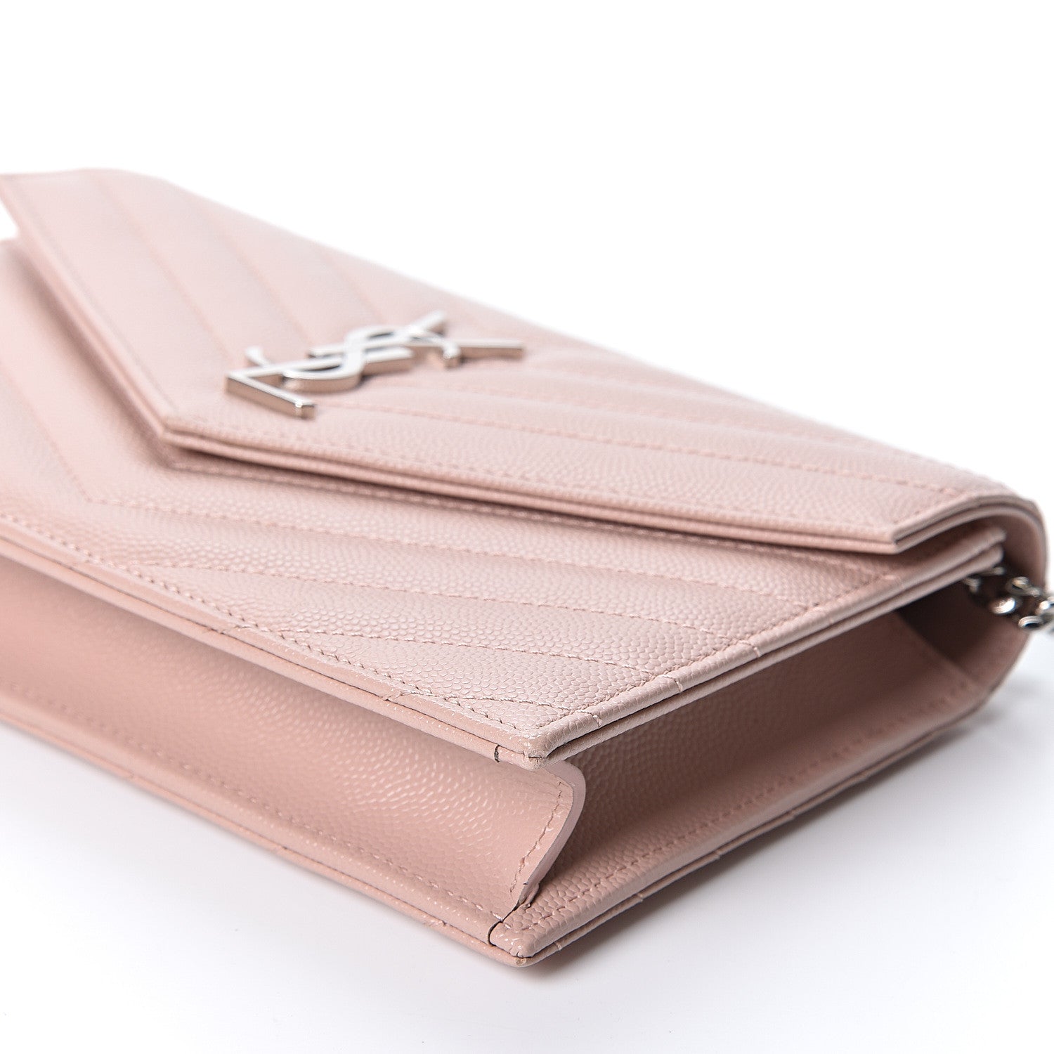 Saint Laurent Grain De Poudre Matelasse Chevron Monogram Envelope Chain Wallet Pale Pink 9 of 9