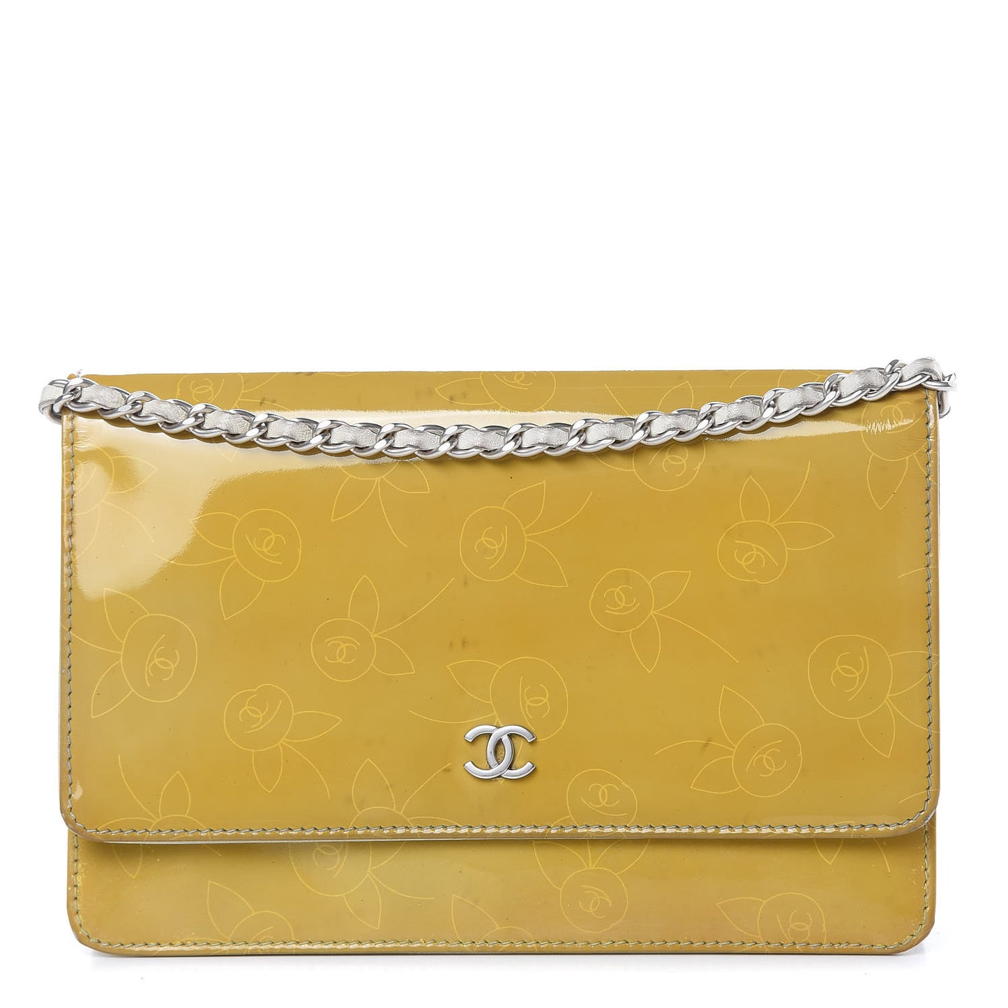 Patent Camellia Print Wallet On Chain WOC Yellow