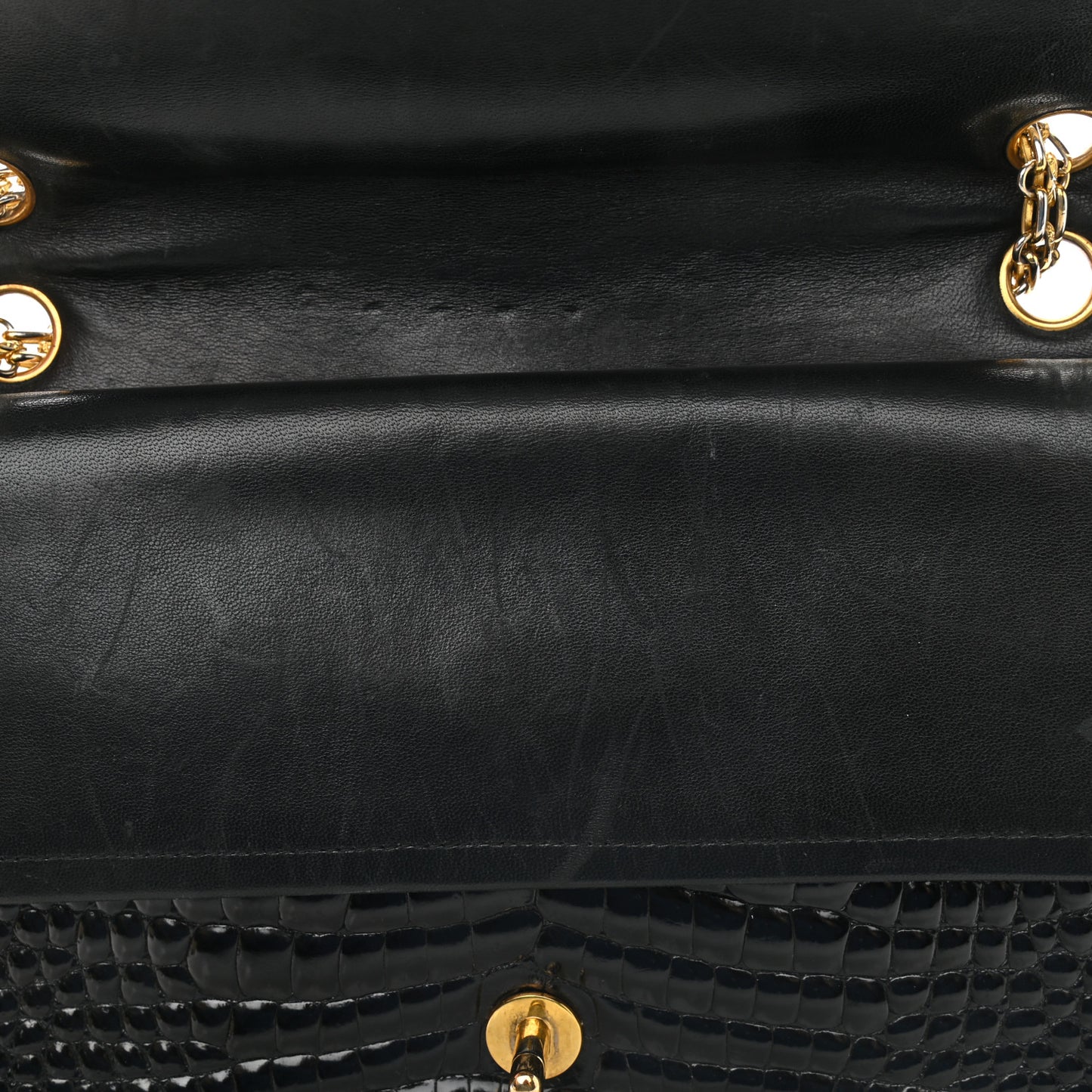 Shiny Crocodile Medium Double Flap Black