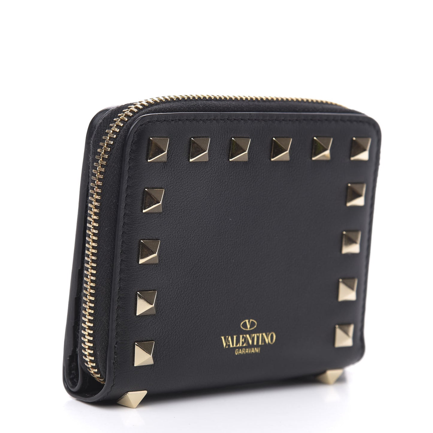 Vitello Rockstud Compact Zip Around Wallet Black