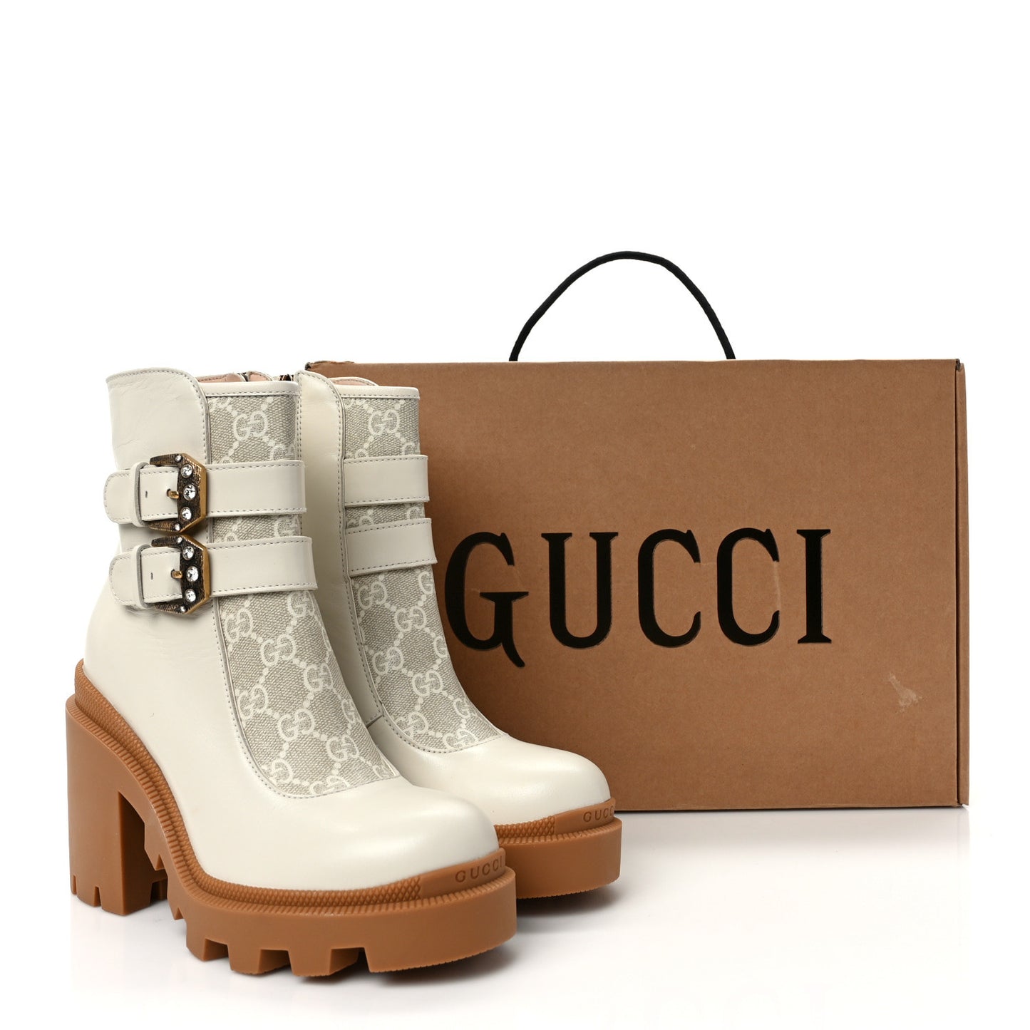 Kensington Calfskin Nappa GG Supreme Monogram Womens Double Buckle Ankle Boots 35 Mystic White Beige