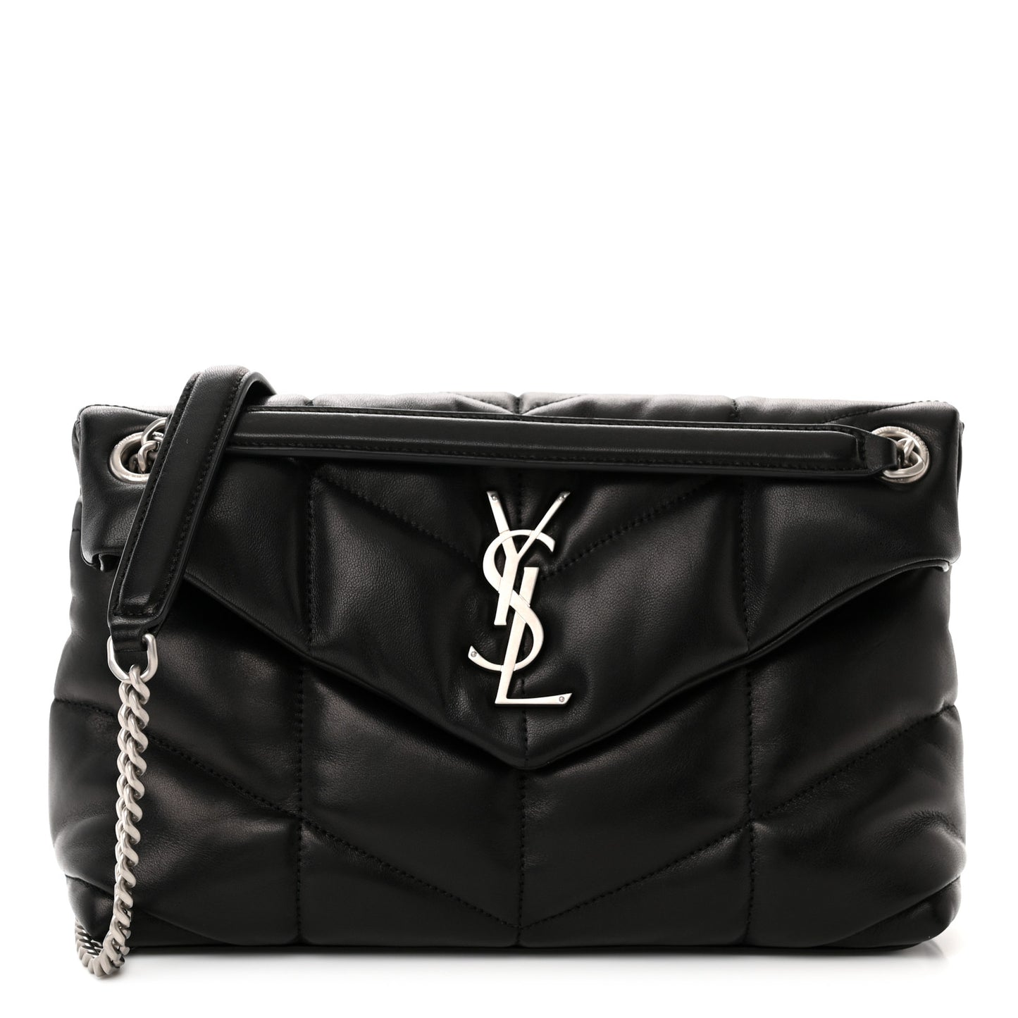 Lambskin Quilted Small Loulou Puffer Monogram Chain Satchel Black