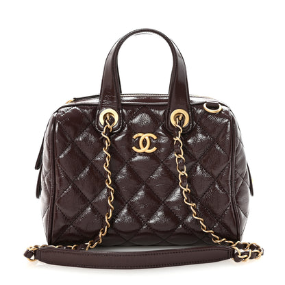 Chanel Shiny Crumpled Calfskin Quilted Small Bowling Bag Dark Brown 1 of 11