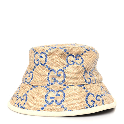 Gucci Raffia GG Monogram Embroidered Fedora Hat XS Beige Blue 3 of 9