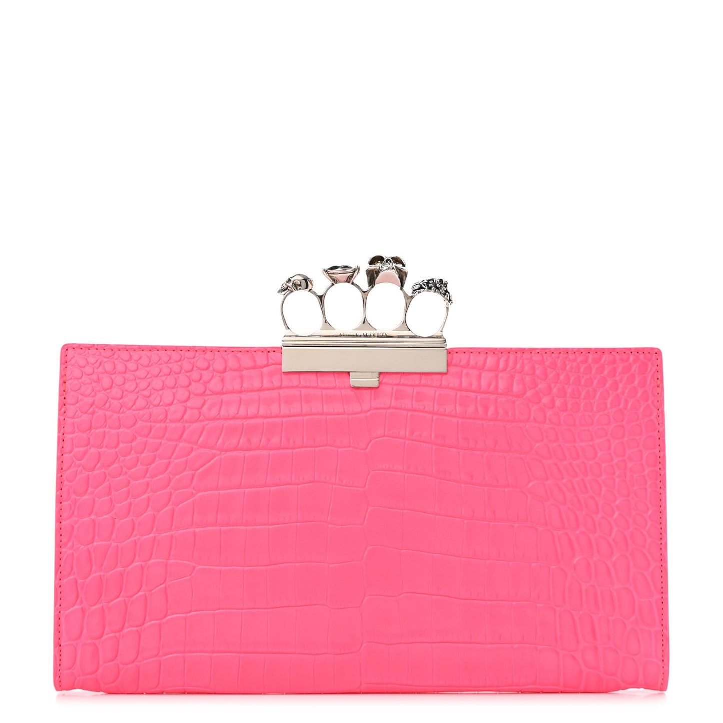 Calfskin Crocodile Embossed Knuckle Flat Clutch Neon Pink