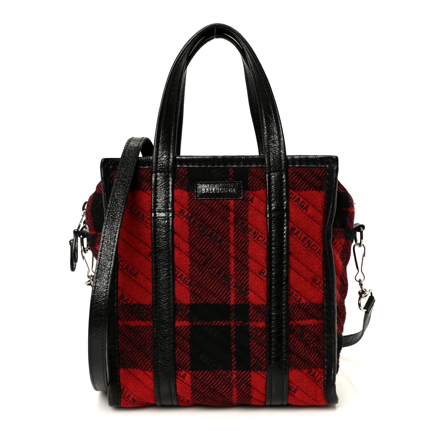 Wool Cuir Arena Plaid Diagonal Allover Logo Matelasse XS Bazar Shopper Tote Red Black