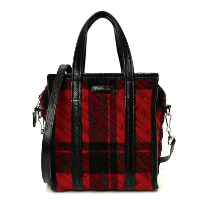Balenciaga Wool Cuir Arena Plaid Diagonal Allover Logo Matelasse XS Bazar Shopper Tote Red Black 1 of 11