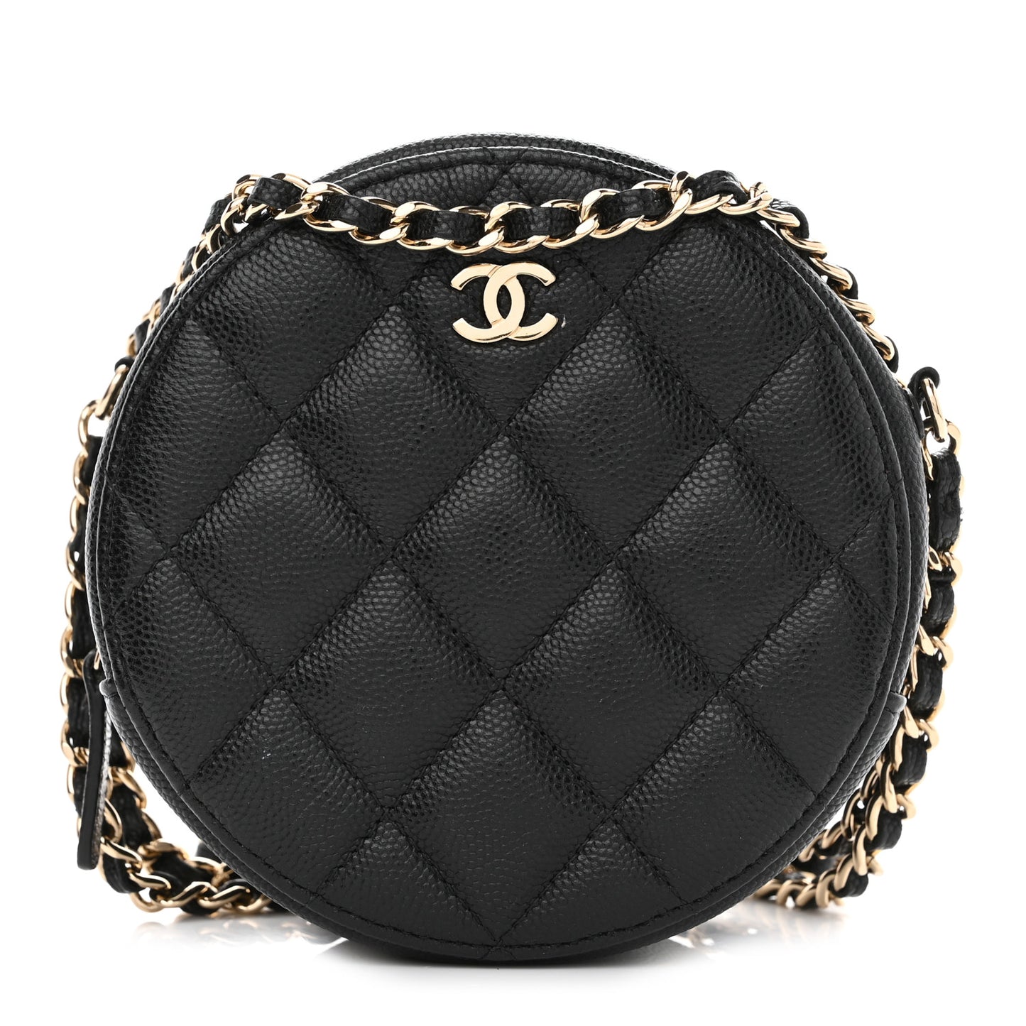Caviar Quilted Round Clutch With Chain Black