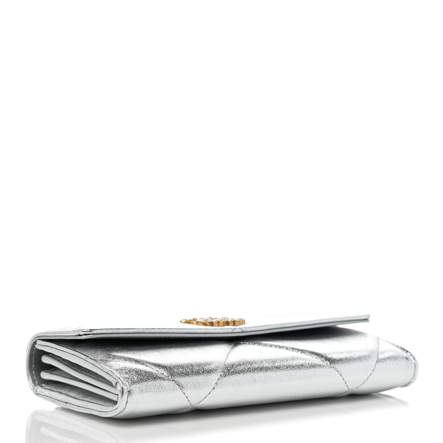 Metallic Lambskin Quilted Chanel 19 Flap Wallet Silver