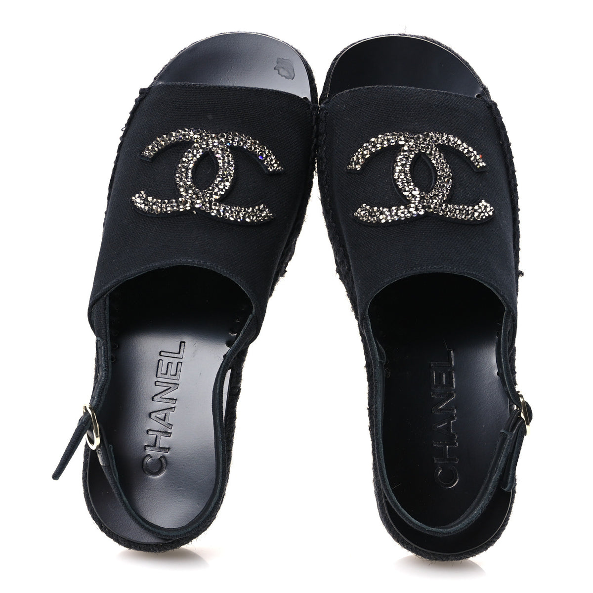 Chanel Canvas Strass CC Espadrille Slingback Sandals 38 Black 2 of 9