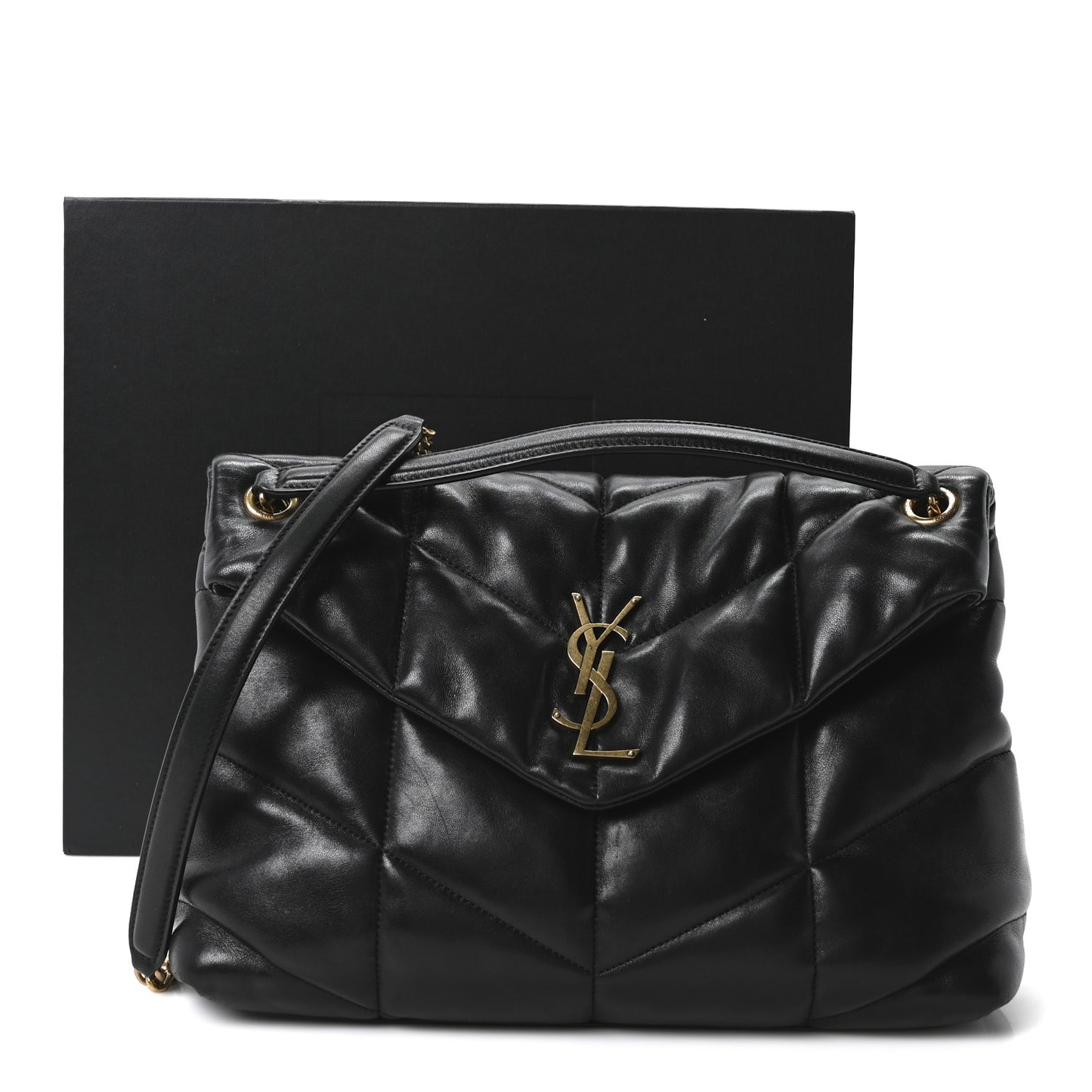 Lambskin Quilted Medium Loulou Puffer Monogram Chain Satchel Black