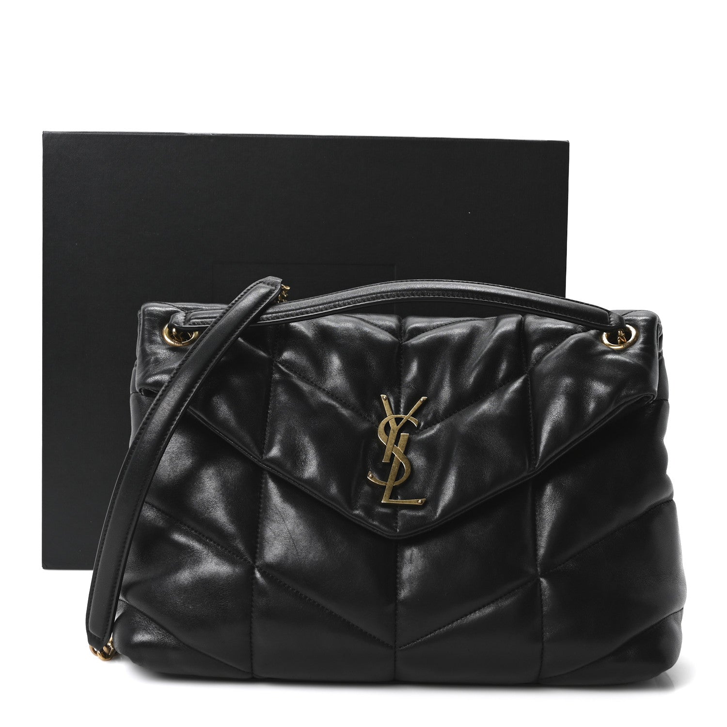 Saint Laurent Lambskin Quilted Medium Loulou Puffer Monogram Chain Satchel Black 11 of 11