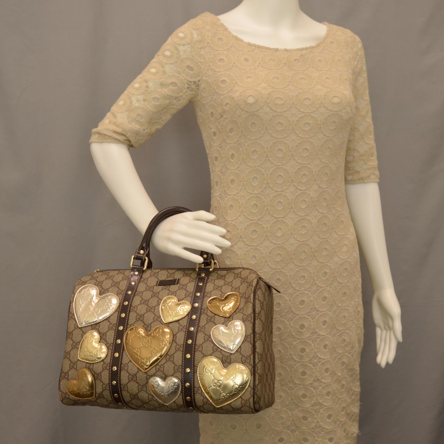 Gucci Monogram Guccissima Hearts Studded Medium Joy Boston Dark Brown 2 of 8
