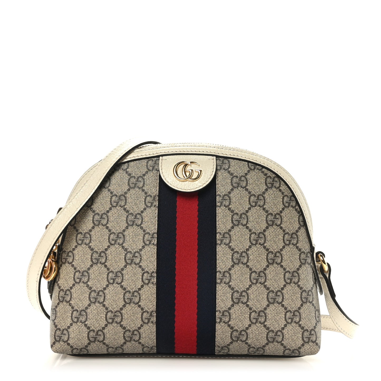 GG Supreme Monogram Textured Dollar Calfskin Web Small Ophidia Dome Shoulder Bag Beige Ebony Mystic White