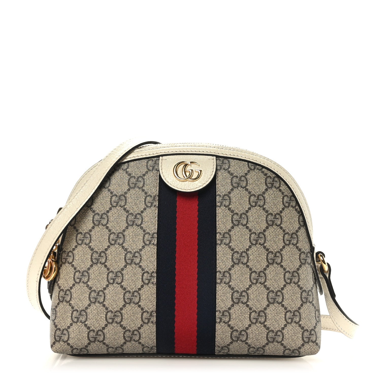 Gucci GG Supreme Monogram Textured Dollar Calfskin Web Small Ophidia Dome Shoulder Bag Beige Ebony Mystic White 1 of 9