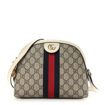 Gucci GG Supreme Monogram Textured Dollar Calfskin Web Small Ophidia Dome Shoulder Bag Beige Ebony Mystic White 1 of 9