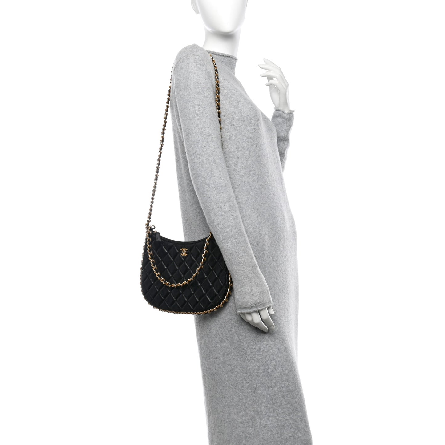 Shiny Crumpled Lambskin Quilted Large Trendy Chain Around Hobo Black