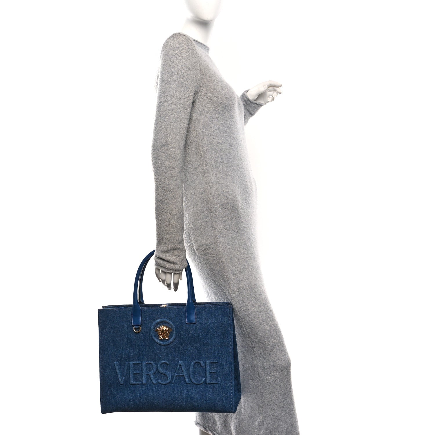 Versace Denim Calfskin La Medusa Tote Bag Blue 2 of 9