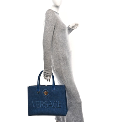 Versace Denim Calfskin La Medusa Tote Bag Blue 2 of 9