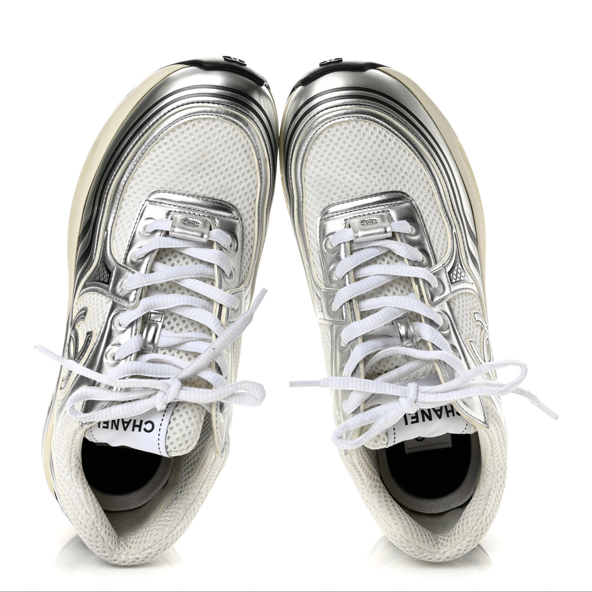 Chanel Fabric Laminated Calfskin Stretch CC Sneakers 36.5 White Gold Silver 2 of 9