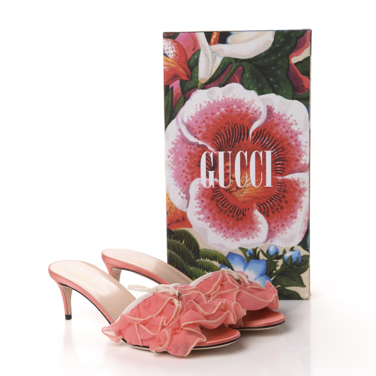 Tulle Ruffle Low Heel Slide Sandals 38.5 Peach Mystic White
