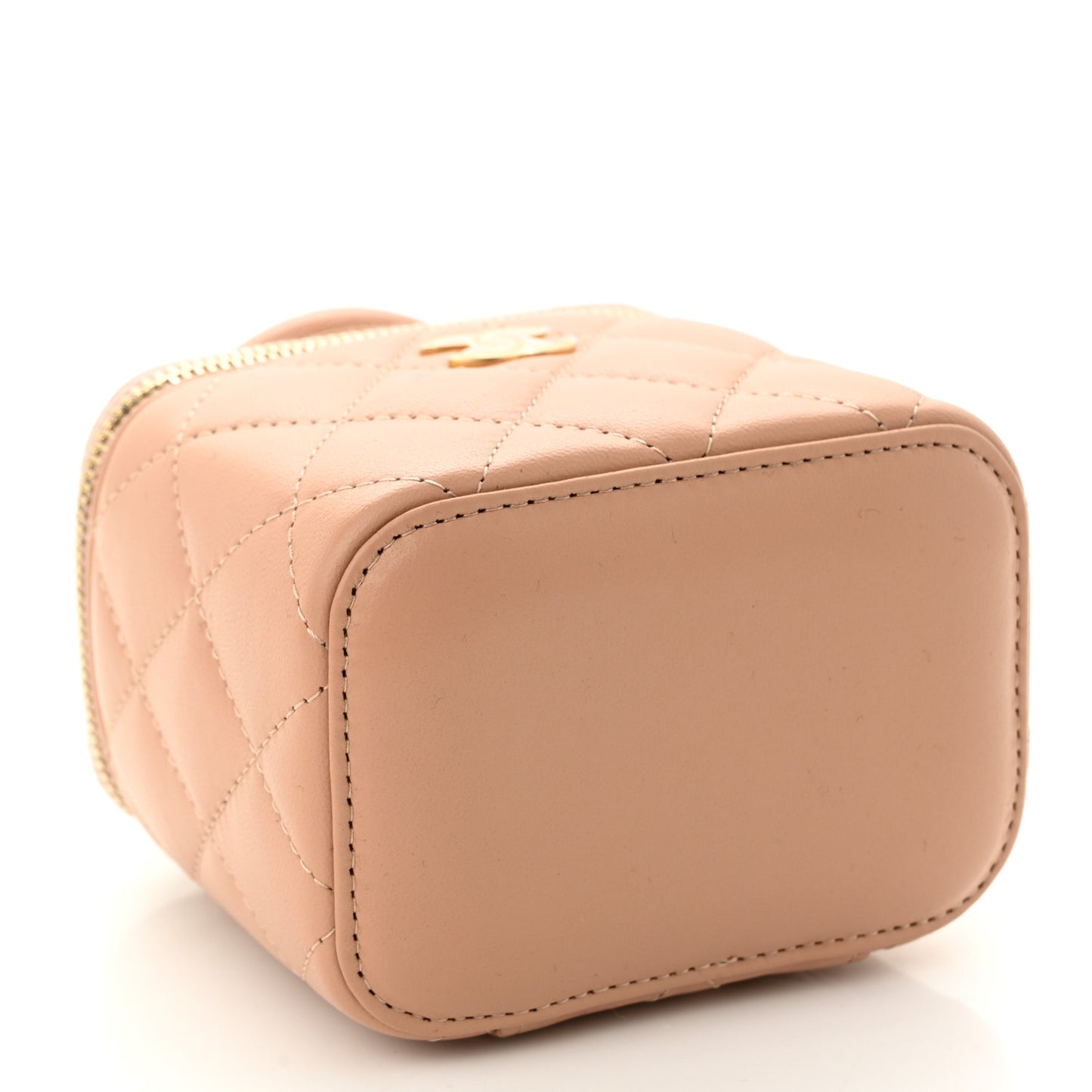 Lambskin Quilted Top Handle Mini Vanity Case With Chain Beige
