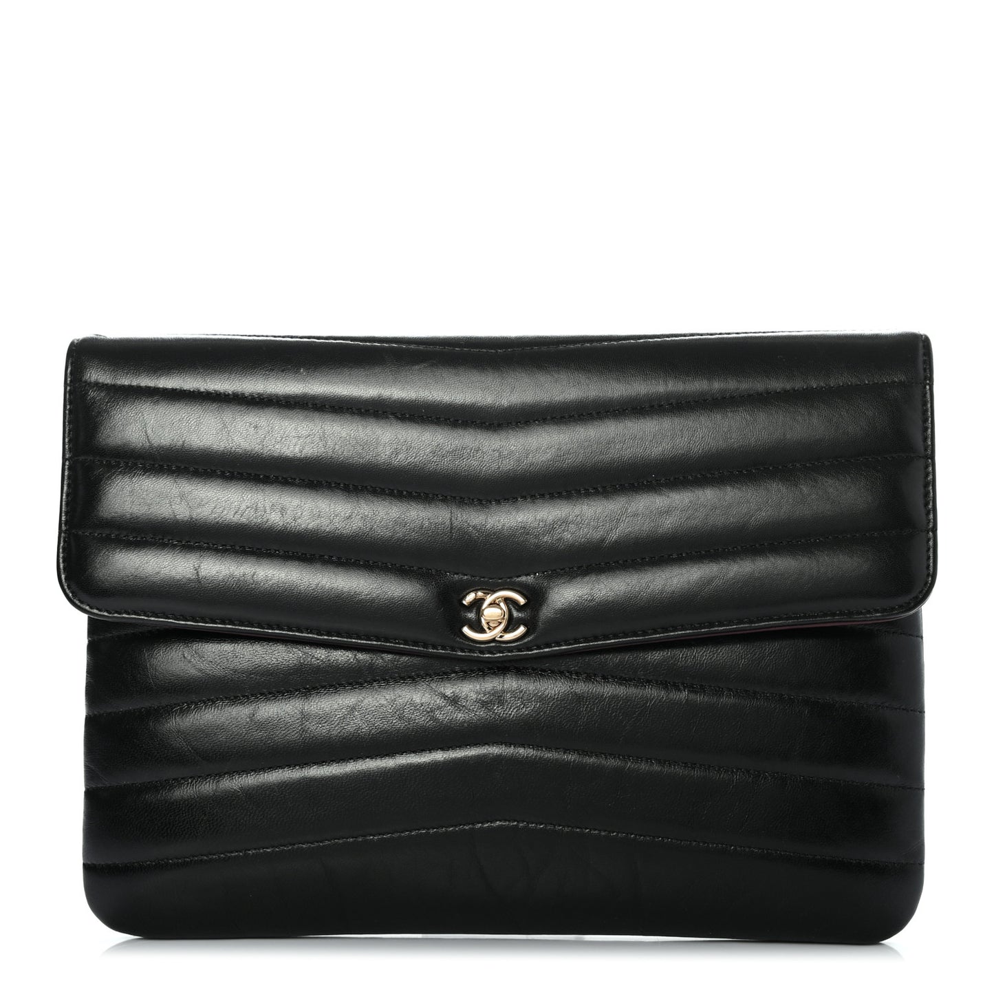 Shiny Lambskin Quilted Chevron Miroir Clutch Black