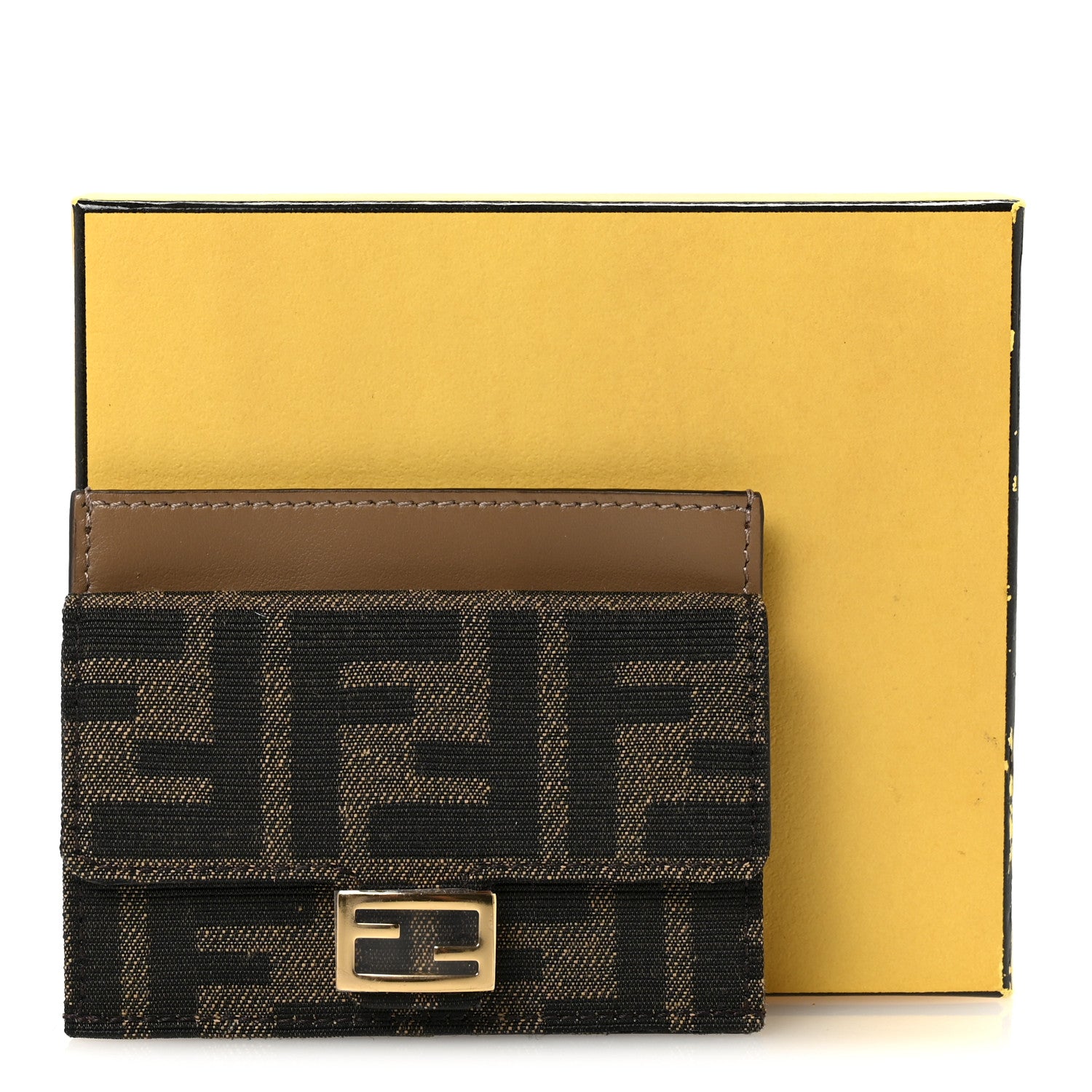 Fendi Fabric Jacquard FF 1974 Fold Over Card Holder Wallet Tobacco Moro 7 of 7