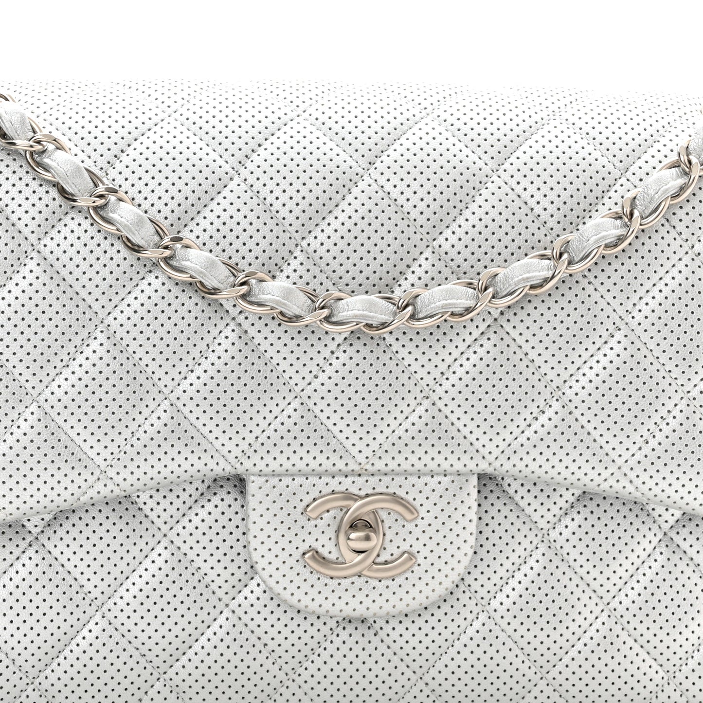 Metallic Perforated Lambskin Quilted Jumbo Double Flap Light Silver