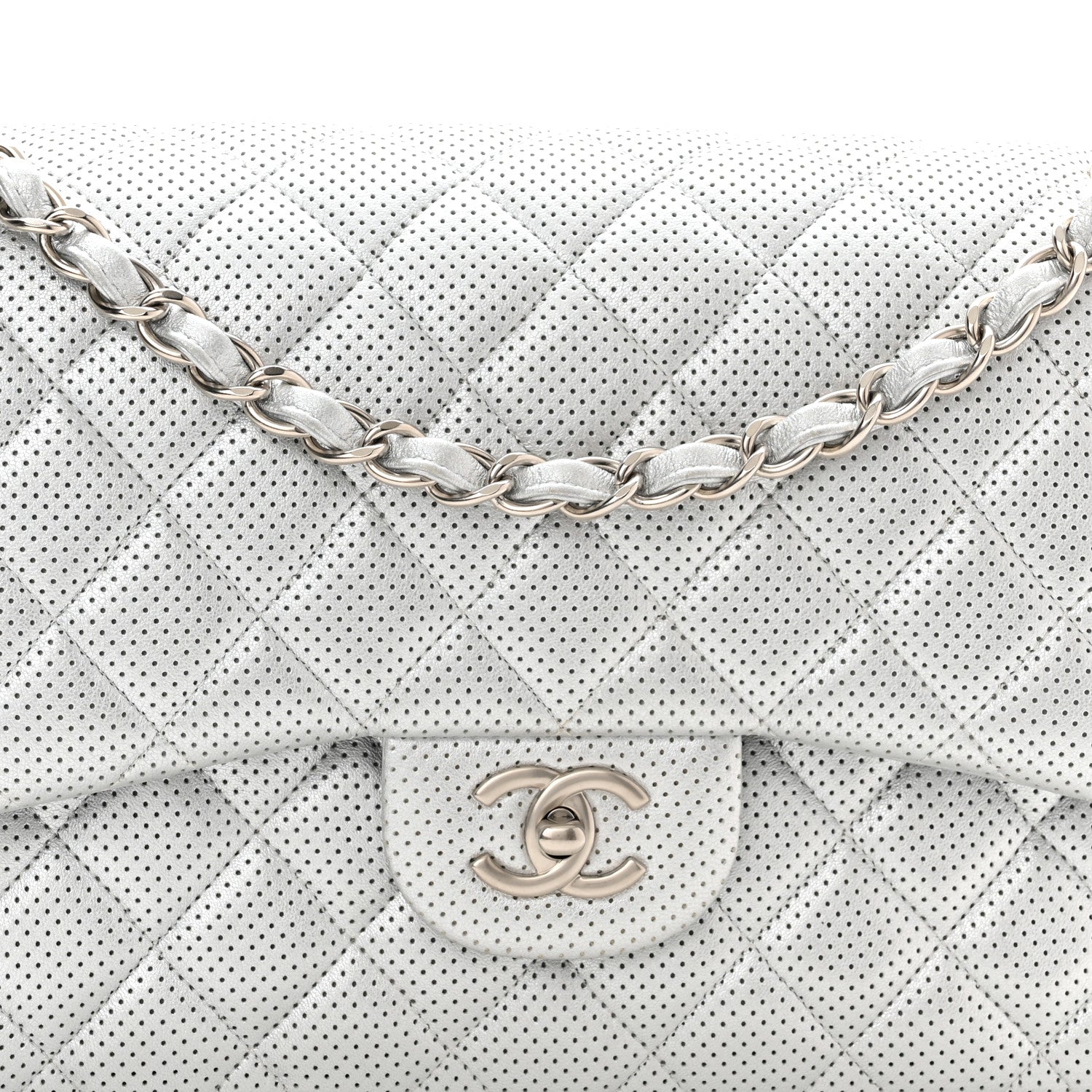 Chanel Metallic Perforated Lambskin Quilted Jumbo Double Flap Light Silver 8 of 10