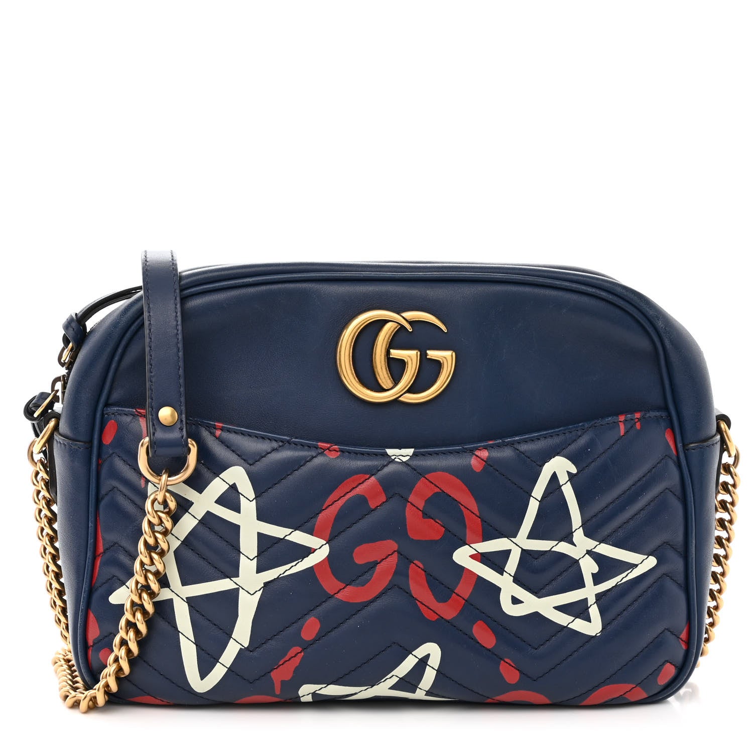 Gucci Calfskin Matelasse GucciGhost Medium GG Marmont Chain Shoulder Bag Blue Agata Hibiscus Red 1 of 13