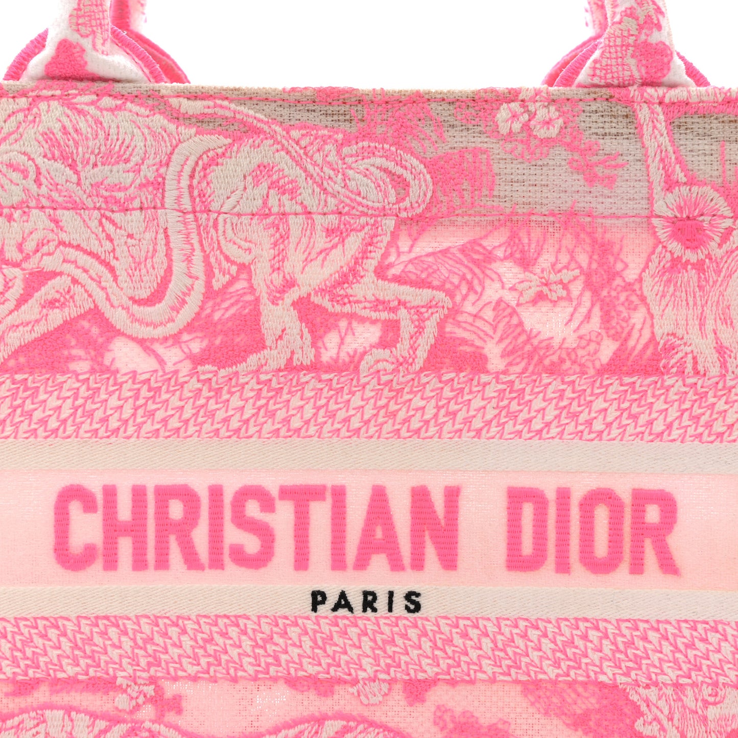 Transparent Canvas Embroidered Small Toile De Jouy Reverse Book Tote Fluorescent Pink