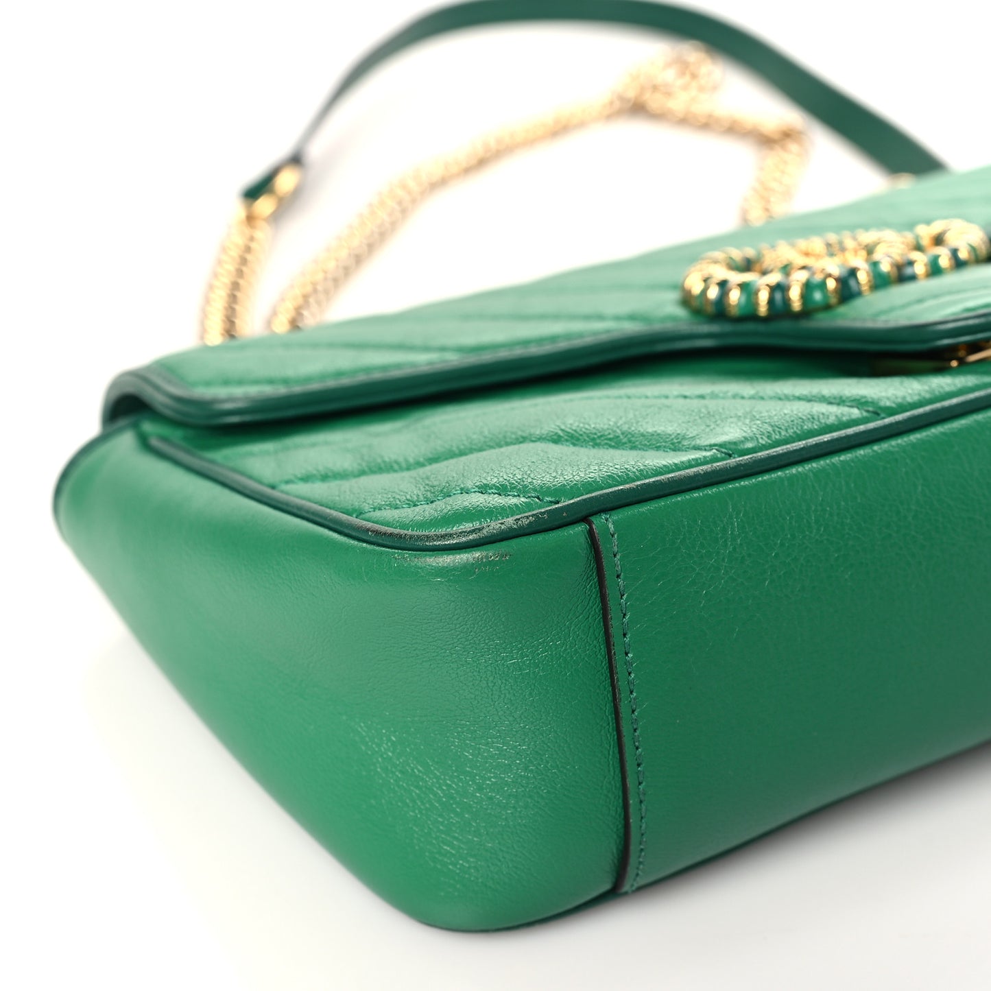 Azalea Calfskin Enamel Matelasse Diagonal Small Torchon GG Marmont Shoulder Bag New Shamarock Emerald