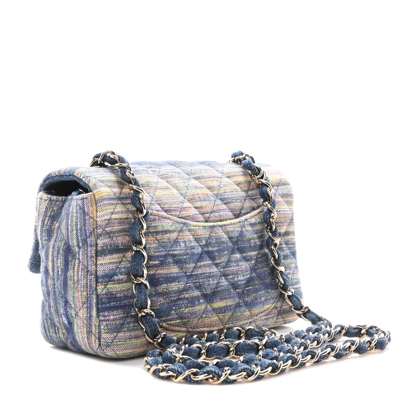 Striated Denim Quilted Classics in Fabrics Mini Rectangular Flap Navy Yellow Purple Green Multicolor