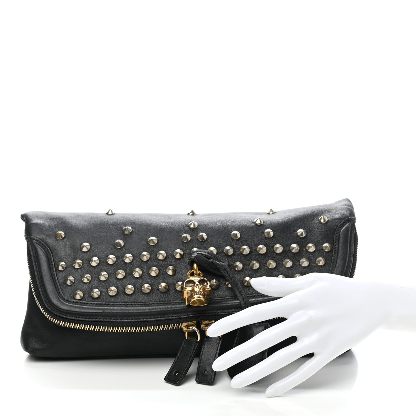 Smooth Calfskin Studded Padlock Skull Clutch Black