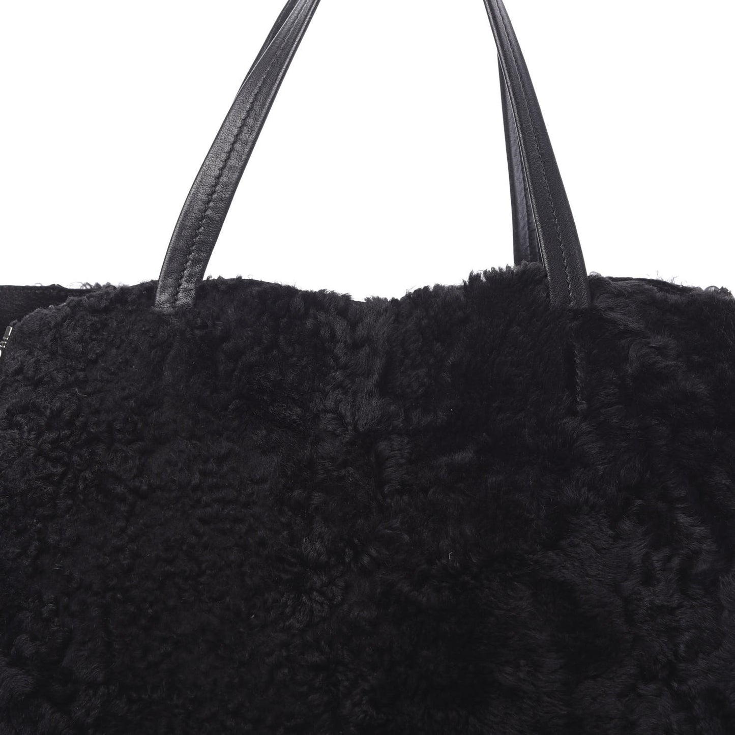 Shiny Smooth Calfskin Shearling Horizontal Cabas Zipper Tote Black