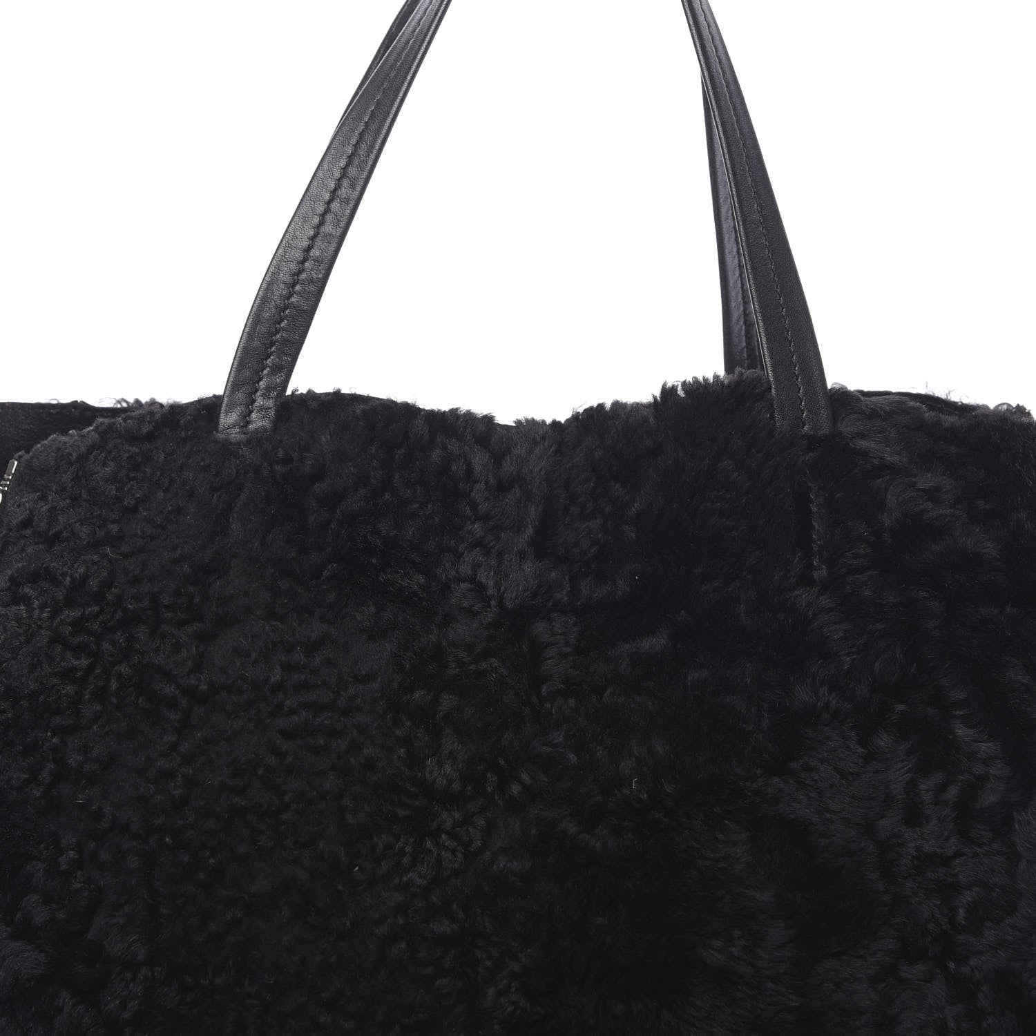 Celine Shiny Smooth Calfskin Shearling Horizontal Cabas Zipper Tote Black 7 of 17