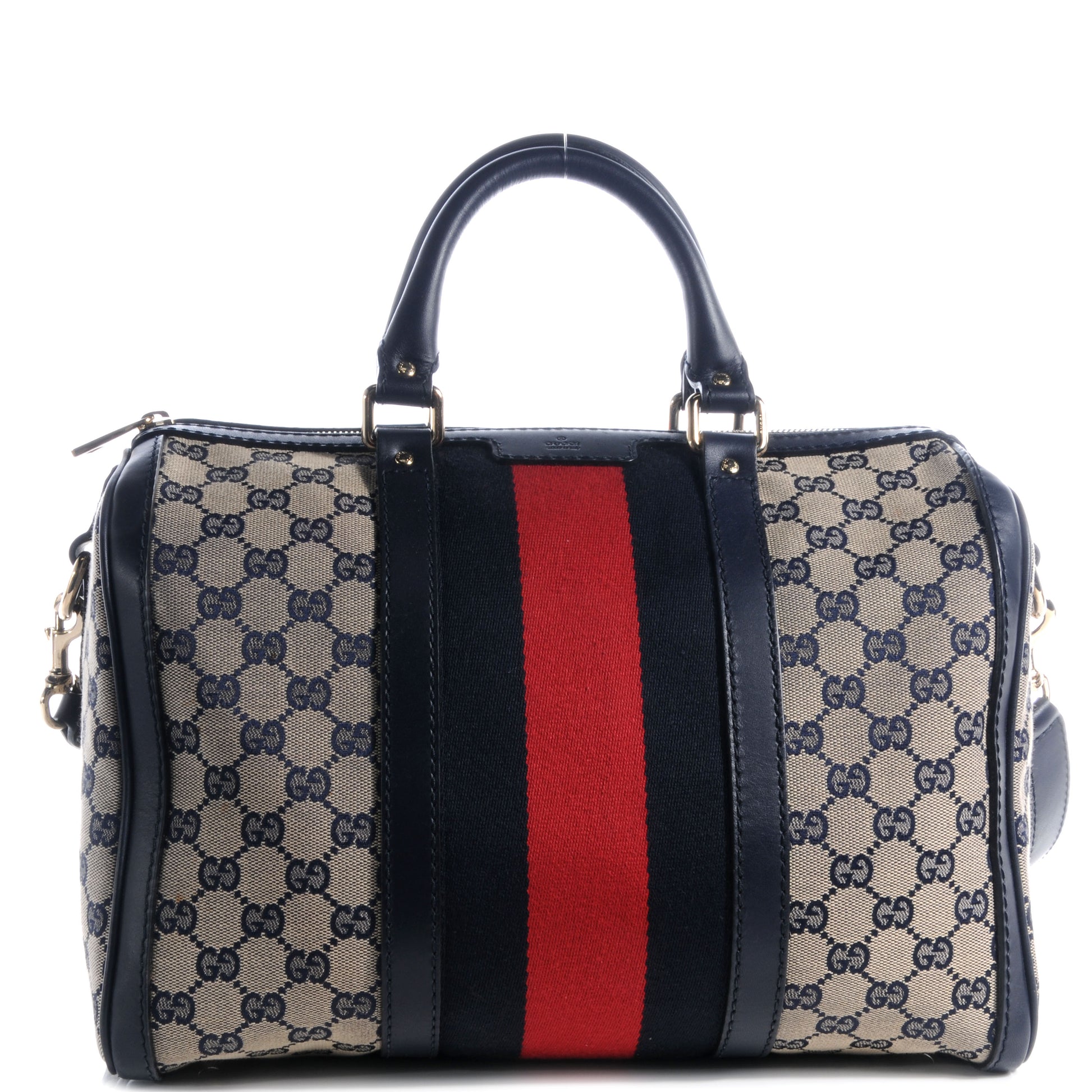 Gucci Monogram Selleria Calfskin Vintage Web Medium Boston Beige Blue 1 of 10